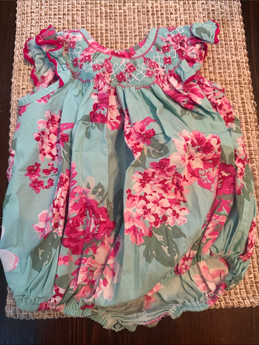 Smocked Floral Bubble Romper - Aqua & Pink